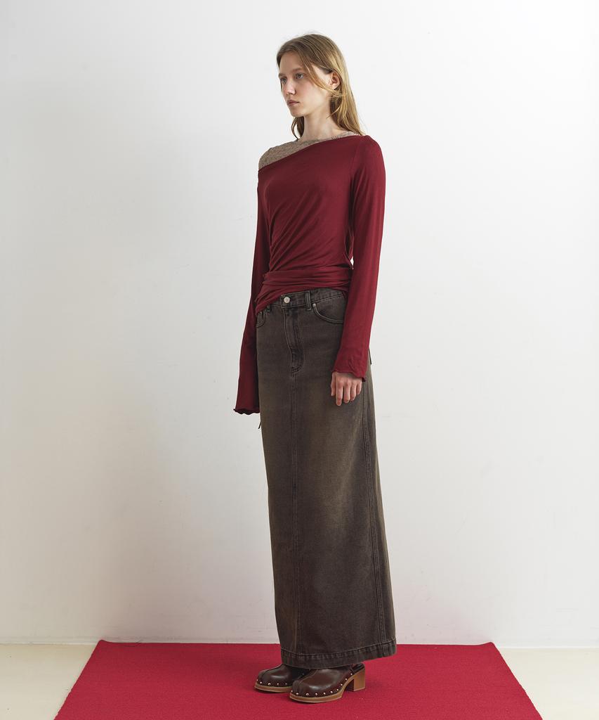 Aobteu Denim Long Skirt - Brown