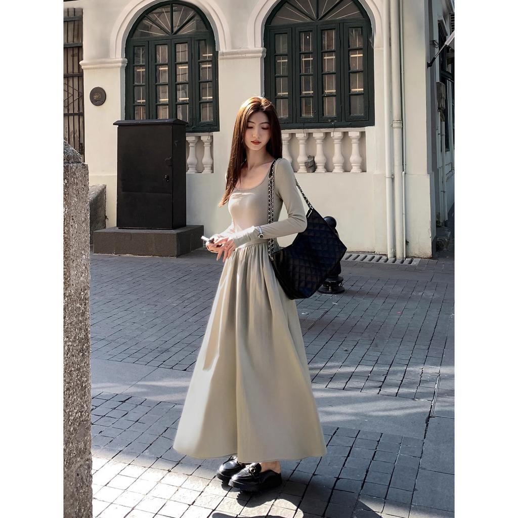 French-Style Black Long-Sleeved Tea Dress For Women, New High-End Hepburn-Style Waist-Cinching Long Dress For Spring, Summer, And Autumn