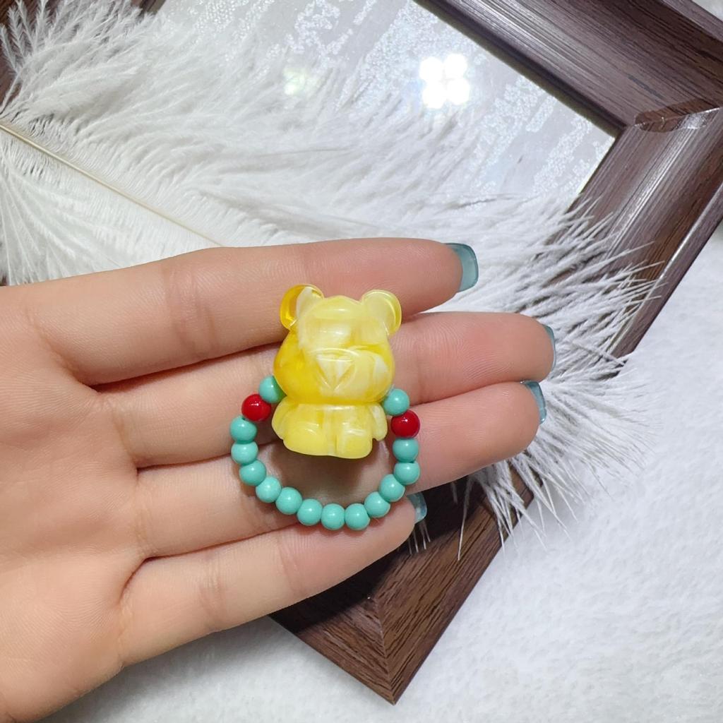 Second Gen Turquoise Amber Ring: Nine-Tailed Fox & Little Bear Wealth-Attracting Trendy Fashion Jewelry