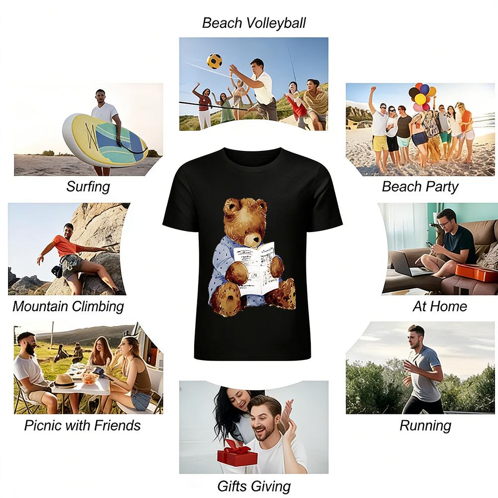 Cute Reading Bear Print Casual Top Kids Boys Girls Breathable Loose Fit Crewneck Shirt Pure cotton T-shirt
