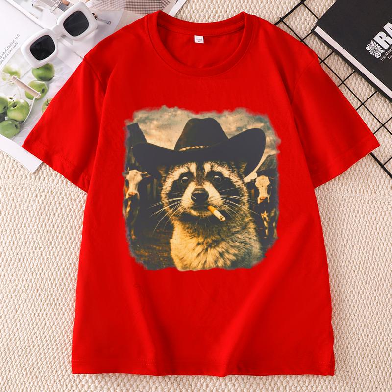 Funny Cowboy Raccoon TShirt Animal Meme Graphic Tee Vintage Comfortable Cotton Short Sleeve Loose Tees Streetwear