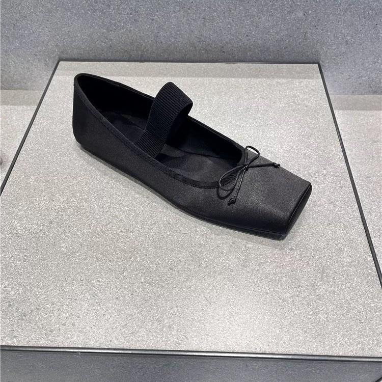 Sheepskin French Retro Square Head Flat Shoes Ballet Single Shoes Women's Word with Bow Light Mouth Mary Jane Shoes