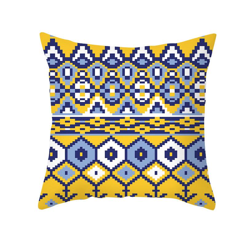 Ethnic Style Sofa Pillow Cover Blue Printed Peach Skin Pillow Cover Office Cushion