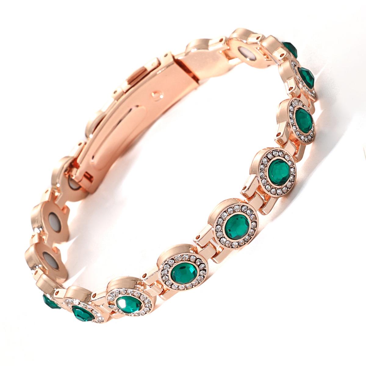 

Rose Gold Green Gemstone Magnetic Bracelet for Women, Rhinestone Halo Anti-static Wristband with Watch Clasp, European & American Fashion Jewelry Gift