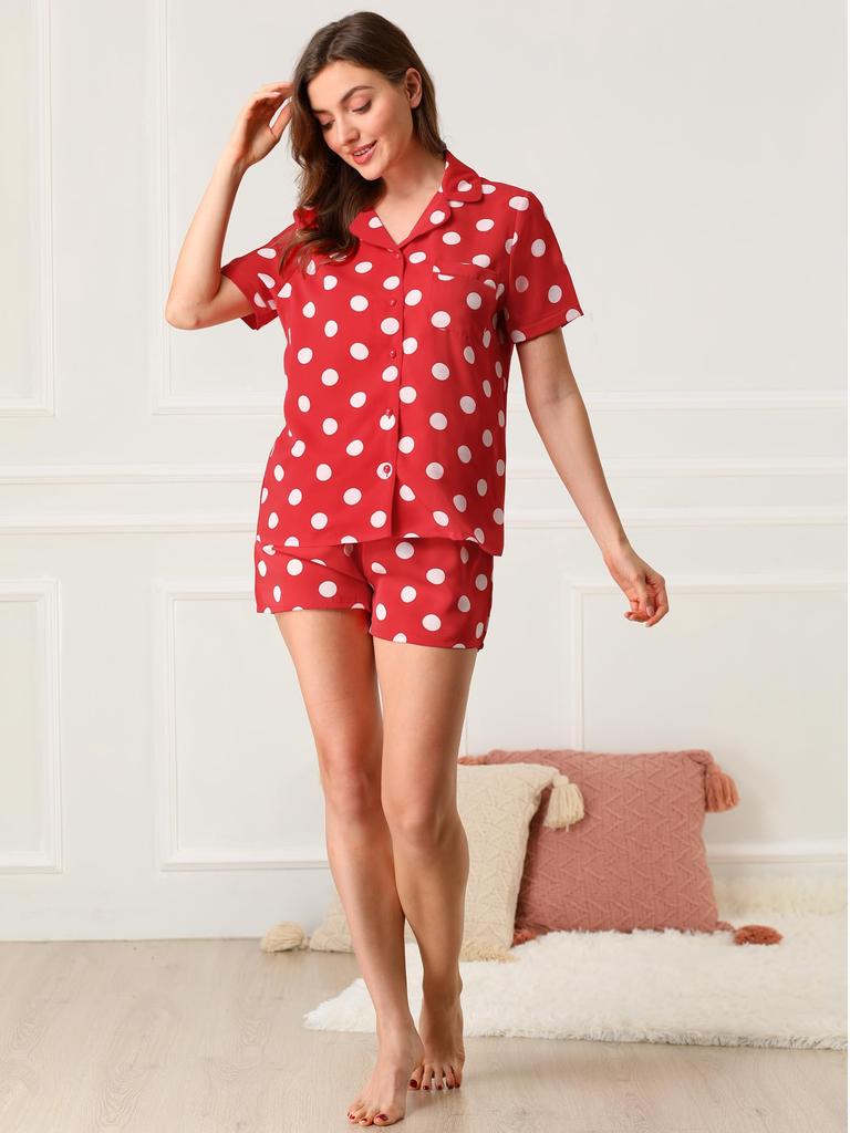Allegra K Summer Polka Dot Pajama Short Sleeve Top and Size Small Women's Set, Shorts, Red, 1,