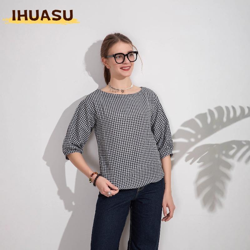 IHUASU Damen Mode Lässige O-Ausschnitt Langarm Blusen & Hemden