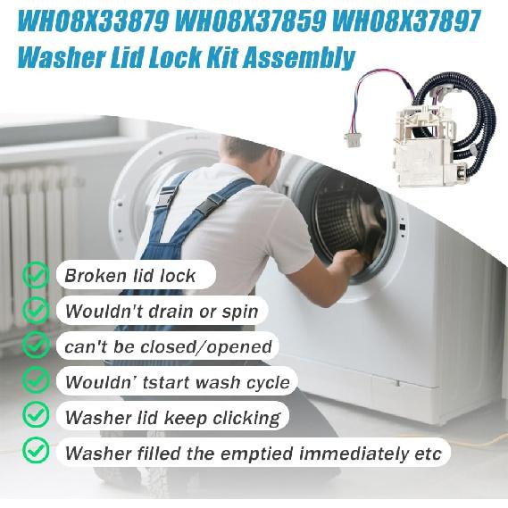 WH08X33879 Washer Lid Lock for GE PTW/GTW Series WH08X37859 Switch | Replacement for GE GTW220ACW0WW lid lock solves start failures, spin issues, or