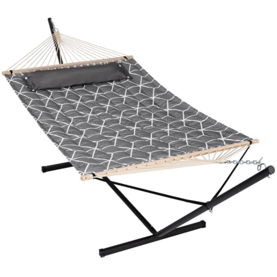 

2 Person Outdoor Hammock with Stand Gray Cube 450 LBS Weight Capacity Durable Fabric for Garden Patio Deck