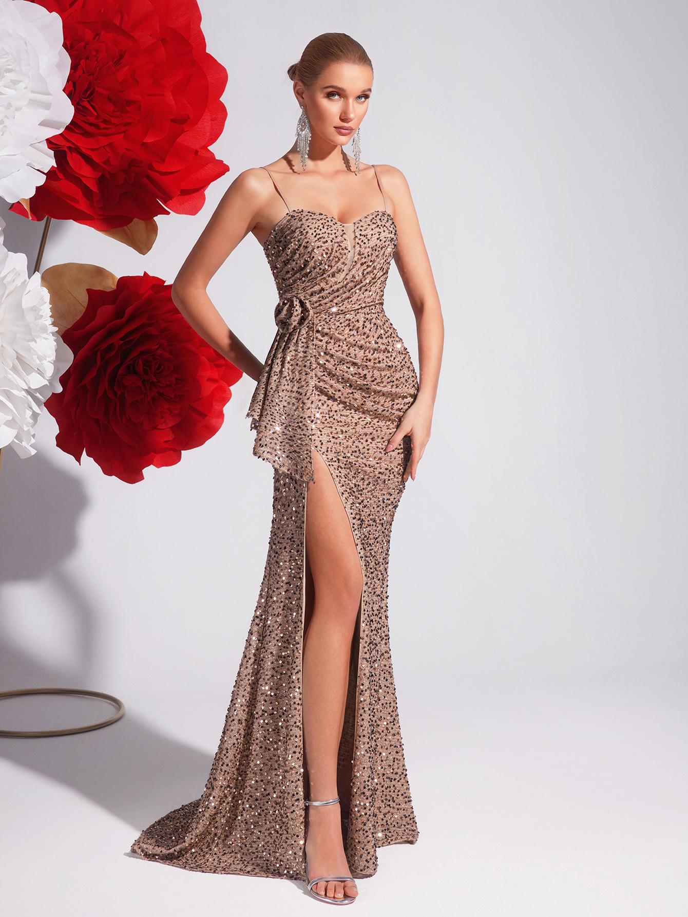 European & American Champagne Sequin Spaghetti Strap Bodycon Evening Gown with Slit & Light Luxury Mermaid Skirt S хаки