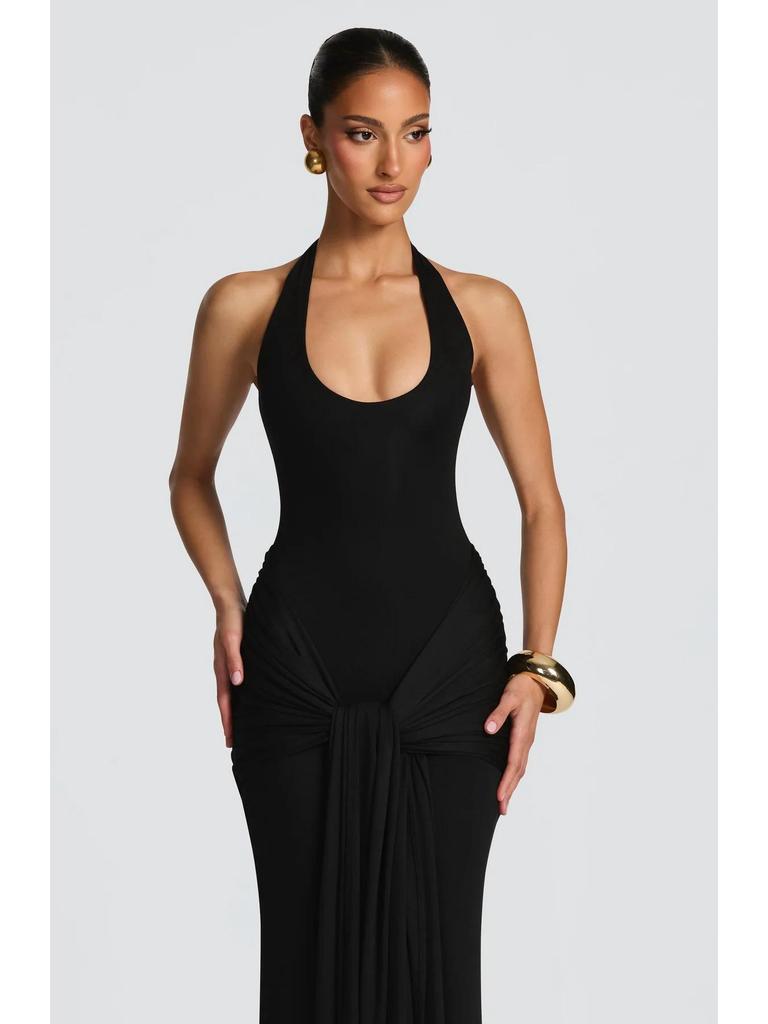2025 Women's European & American Style Spliced Strappy Long Slim Fit Halterneck Formal Dress