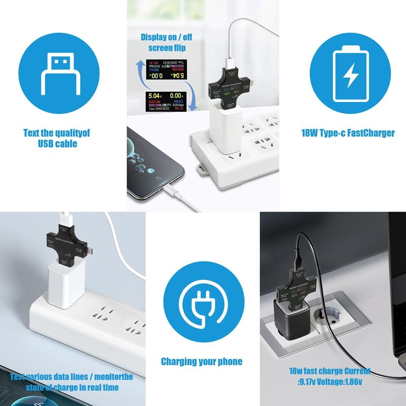 USB C Tester,2 In 1 Type C USB Tester Color Screen IPS Digital Multimeter,Voltage,Current,Power,Resistance,Temperature,with Clip