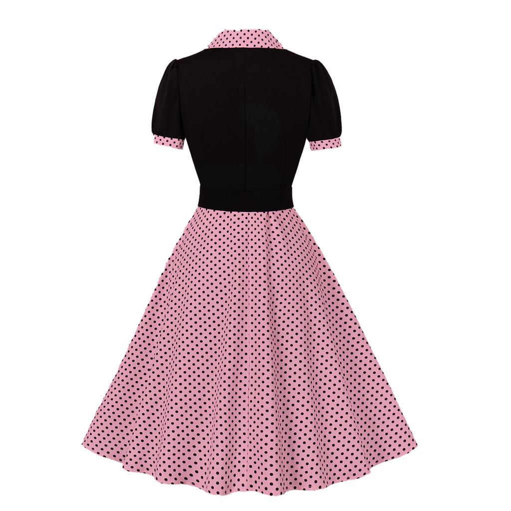 Women's Short Sleeve Midi Dress U Neck High Waist Elegant Polka Dot A-Line Dress Contrast Color Vintage Commuter Belted Casual Summer Dress