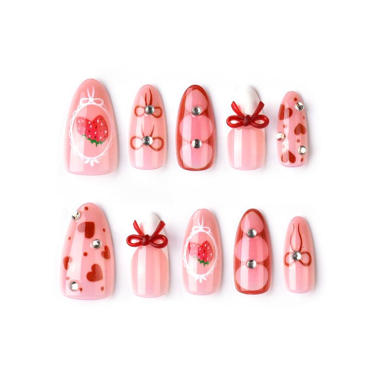 30 Pieces Sweet Strawberry Almond Nail Art Handmade Bow Diamond Love Nail Art