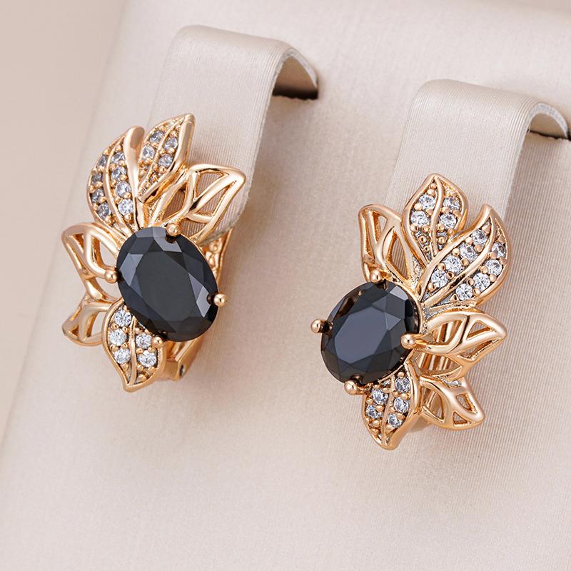 Rose Gold Color Women Crystal Flower Earrings Black Natural Zircon Accessories Vintage Bride Daily Fine Jewelry