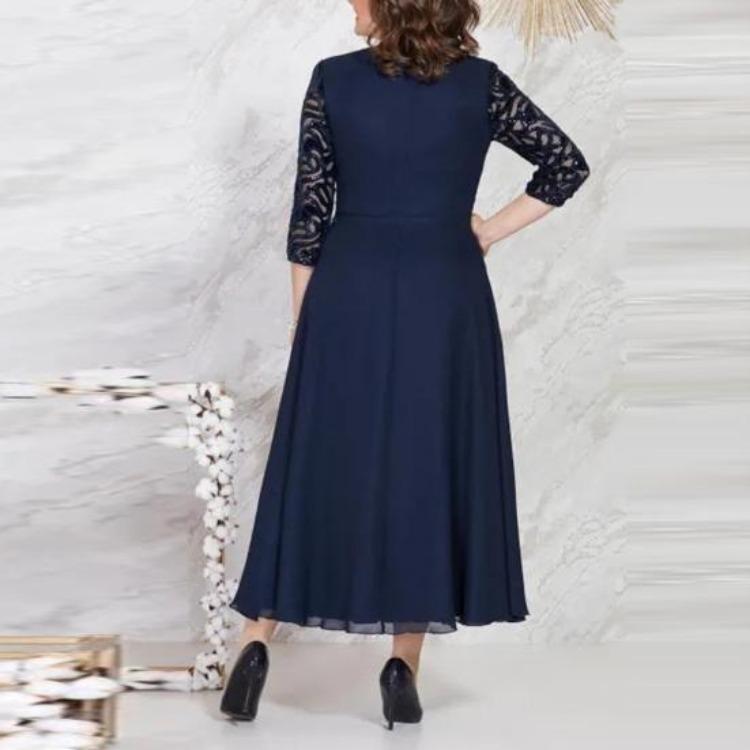 Evening Dress Plus Size Lace Embroidery Chiffon Patchwork A-Line O-Neck Half Sleeve High Waist Flowy Hem Long Dress Female Clothing