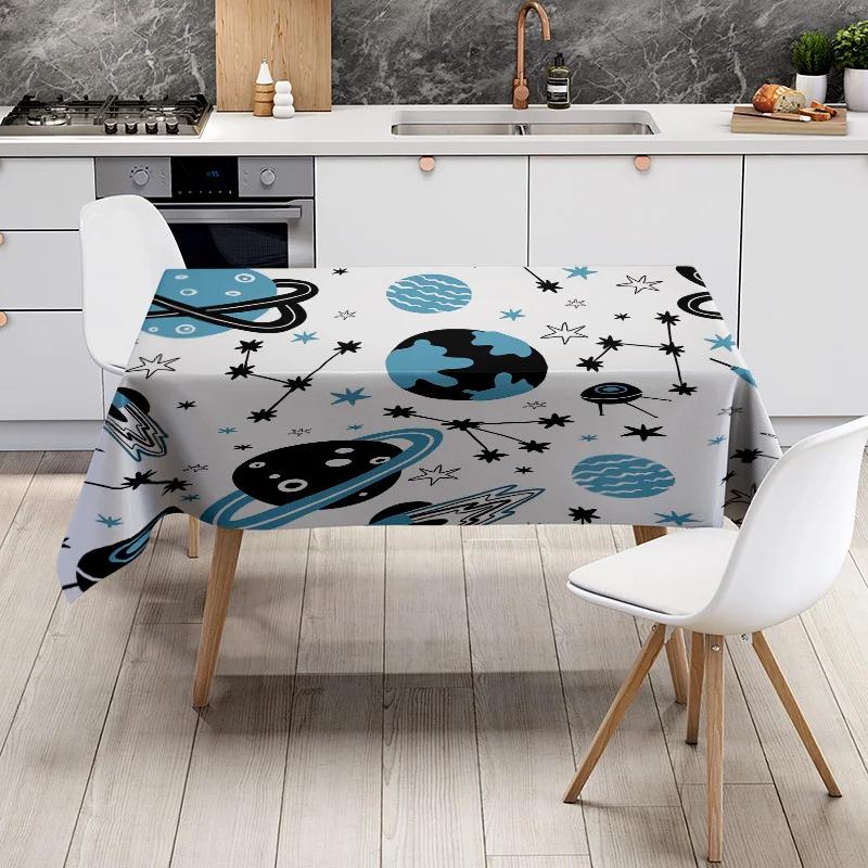 Modern Space Pattern Dining Tablecloth Blue Black Colorful Design for Home Decoration