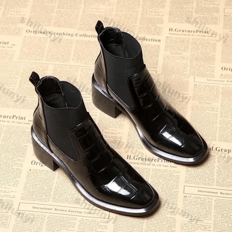 Fashion Women's Chelsea Boots Autumn Winter British Style Leather Mid Heel Ankle Boots Women Round Toe High Heels Shiny Leather Booties