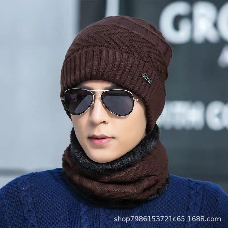 

Женская зимняя шерстяная шапка с вязаным бархатом и велосипедными наушниками в корейском стиле Set (hat + scarf) коричневый