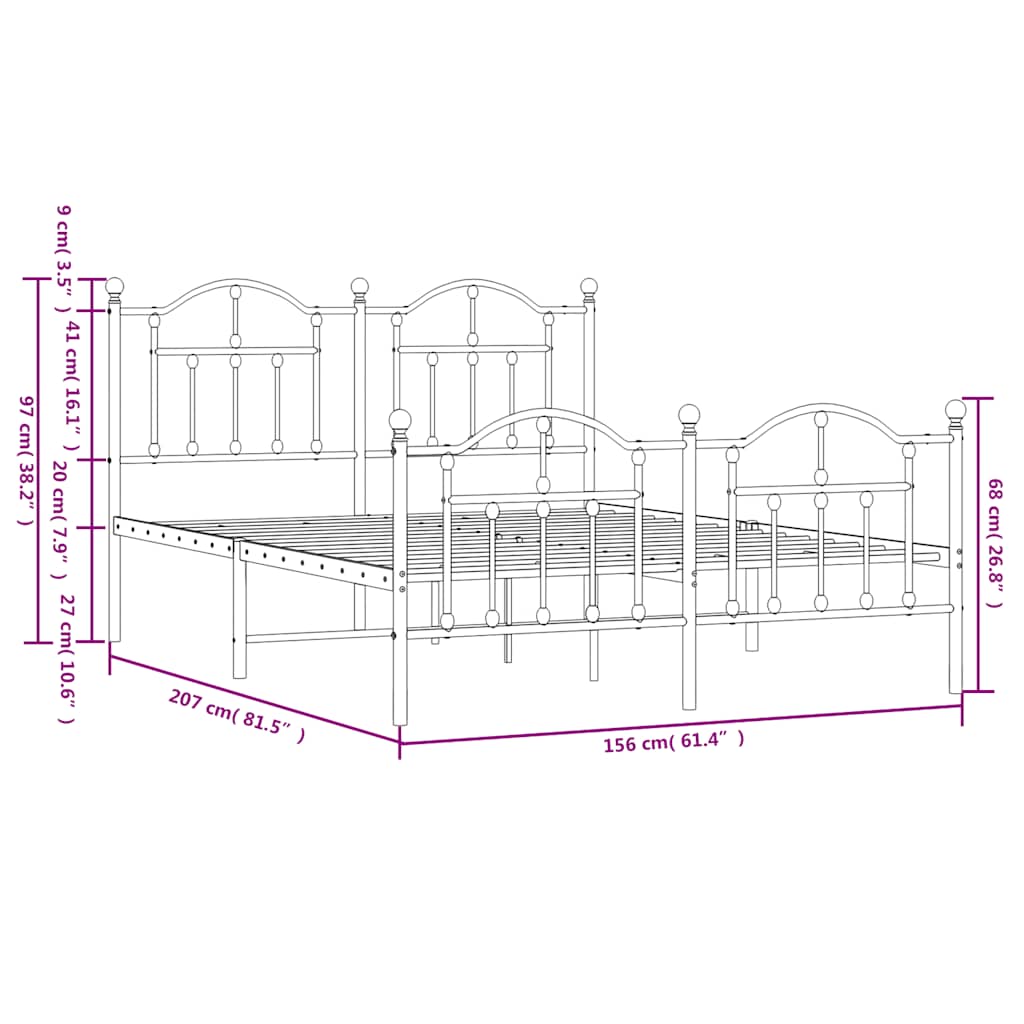 Metal Bed Frame with Headboard and Footboard Black 150 X 200 Cm