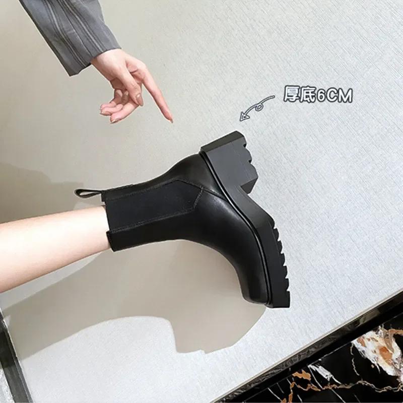 Fashion Black Leather Chelsea Boots Women Luxury Square Toe Thick Sole Non-slip Ankle Boots Cozy Chunky Heel Platform Shoes