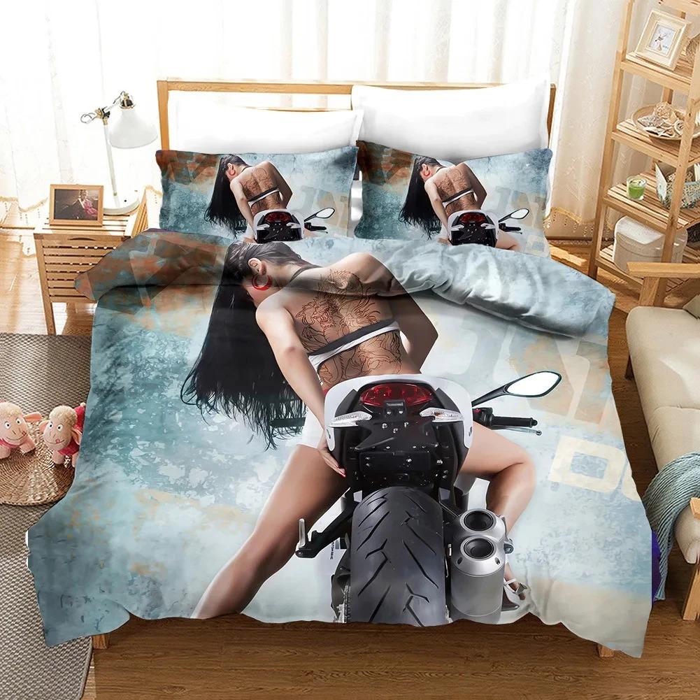 Sexy Girl Motocross Duvet Cover Extreme Sports Theme Bedding Set For Boys Teens Man Microfiber 3D Beauty Queen King Quilt Cover