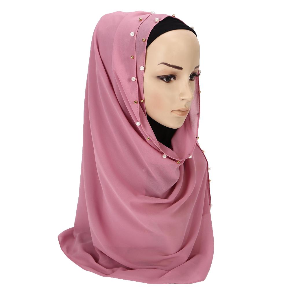 Women's Solid Chiffon Pearl Scarf, Elegant Beaded Hijab Shawl, Muslim Headscarf for Daily/Party