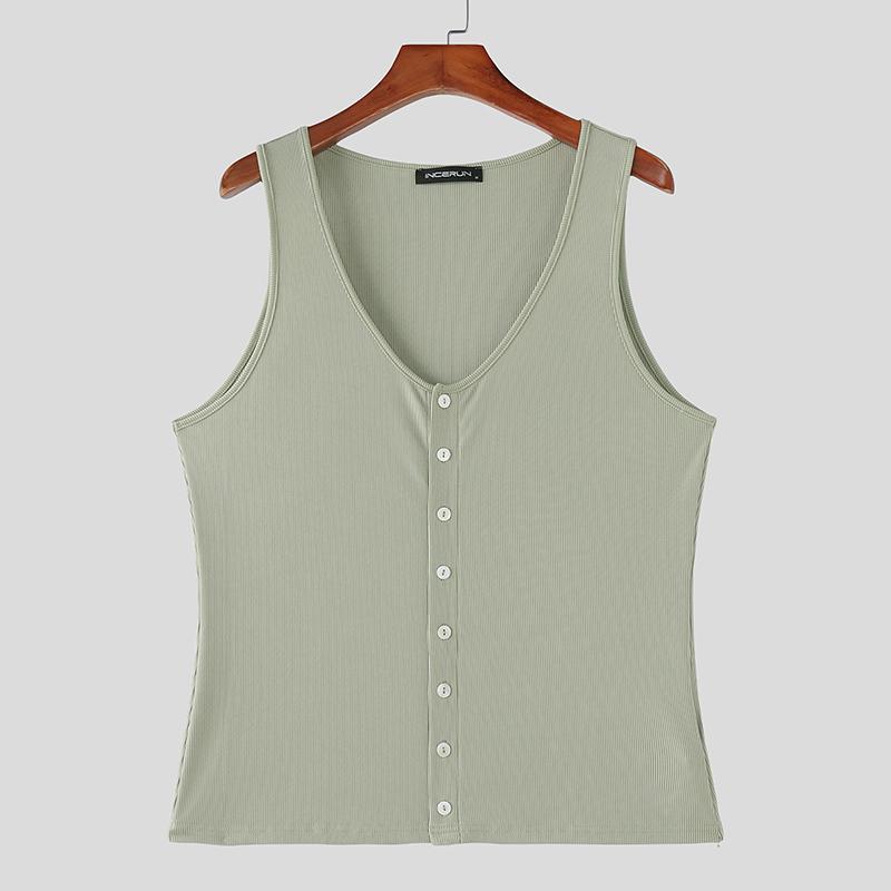 INCERUN Summer Men V Neck Sleeveless Ribbed Casual Loose Tank Tops