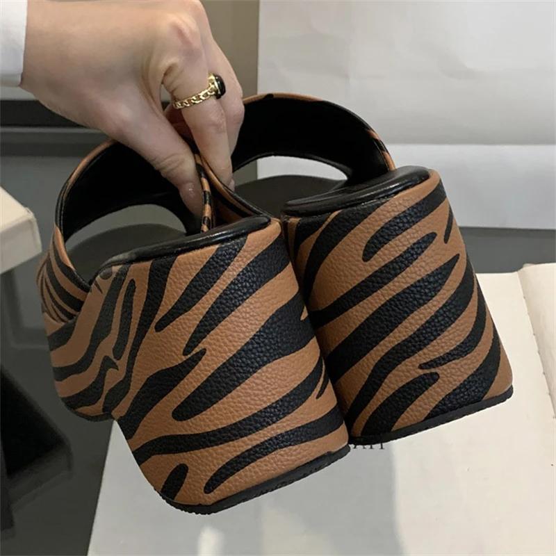 Eilyken Summer Design Platform Wedges Woman Slippers Zebra Stripes Thick Bottom Heels Banquet Slides Shoes