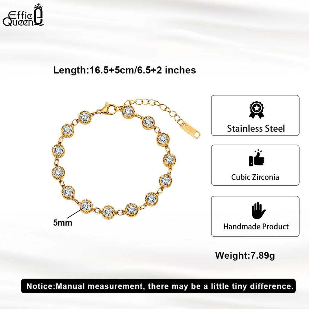 EFFIE QUEEN Stainless Steel 18k Gold Zirconia Tennis Chain Bracelet Ideal Jewelry for Women, Men Wedding Party Banquet SKTB01
