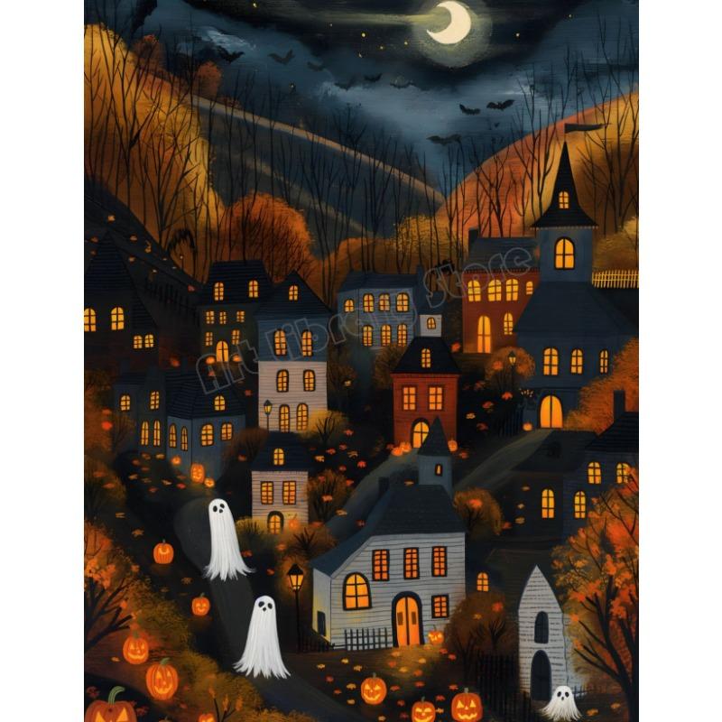 Spooky Halloween Town Folk Magical Forest Ghost Pumpkin Illustration Poster Canvas Painting Wall Pictures Holiday Home Decor