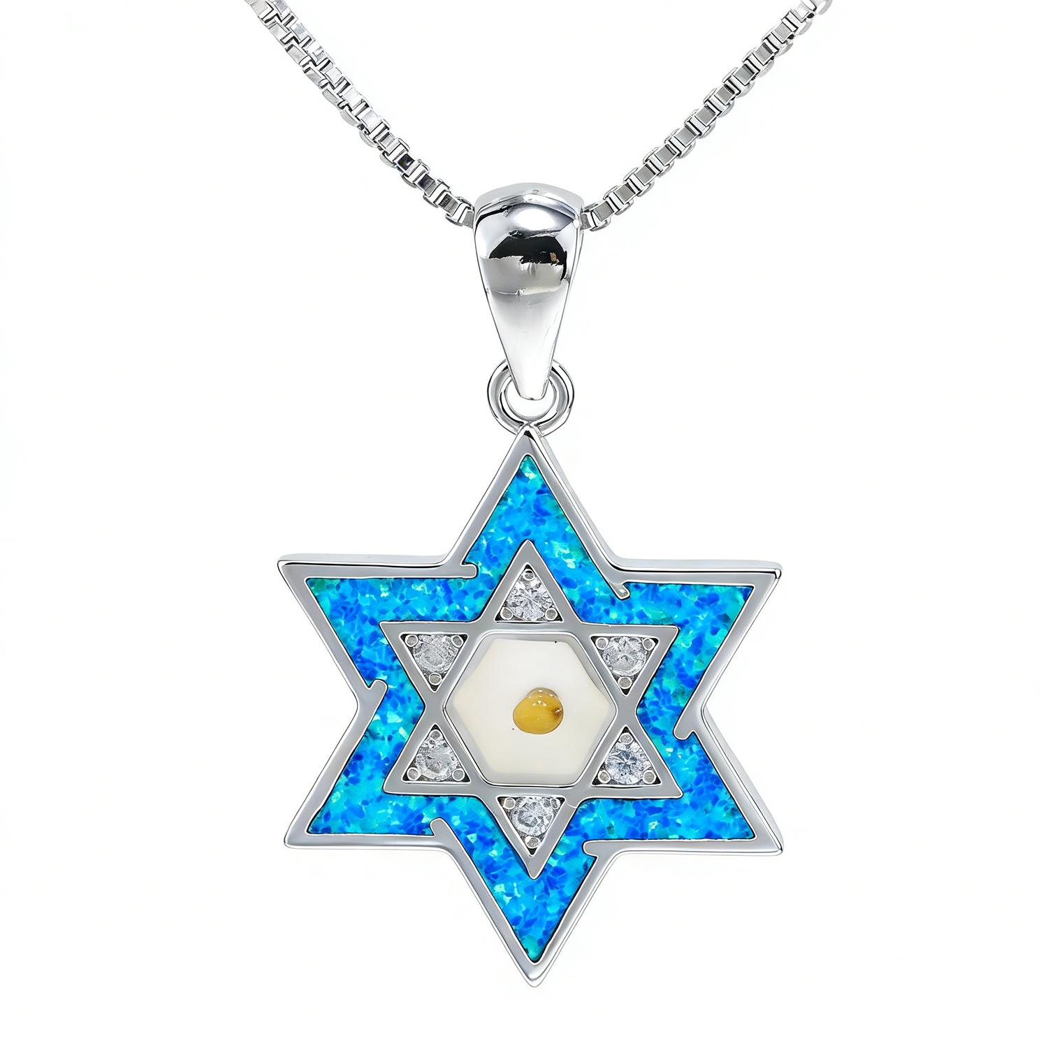 

Interesting Double Side Judaica Jewish Star of David Chai Hebrew Blue & White Fire Opal Pendant Necklace Jewelry for Gift
