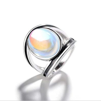Hecheng Wish Colorful Moonstone Ring - European & American Style with Imitation Thai Silver Design for Women