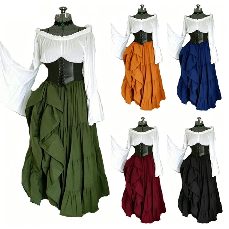 Renaissance mittelalterliches Kleid, schulterfreies ausgestelltes Ärmelkostüm mit Taillengürtel, Damen Retro Gothic langes Kleid, Halloween Rollenspielparty