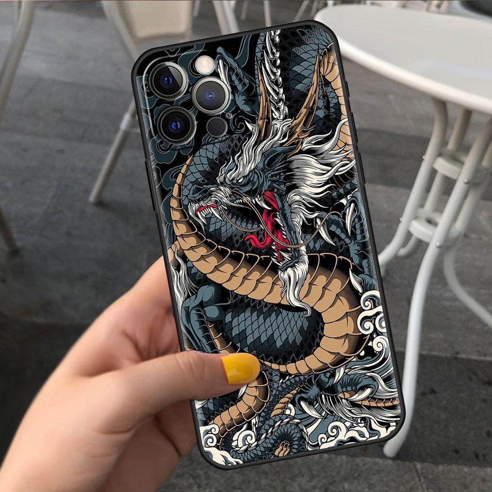 Case For Apple iPhone 14 11 13 7 12 Pro 7 XR XS Max 8 Plus 6 14Pro Black Soft Phone Coque Funda Fashion Chinese Vintage Dragon