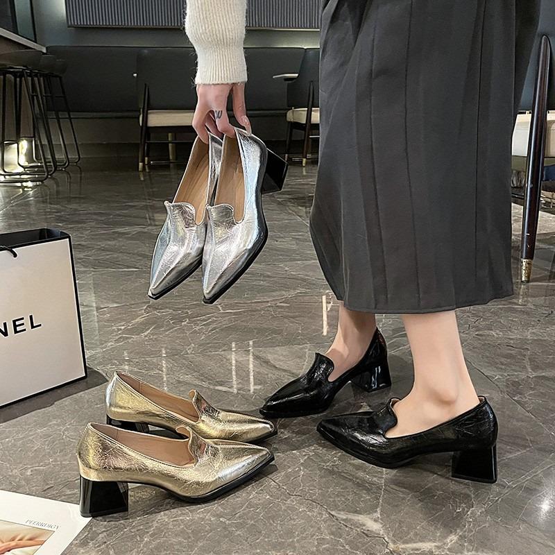 Pelle pu screpolata tacchi alti donna punta appuntita scollatura bassa scarpe singole moda primaverile nuove tacco spesso scarpe piccole in pelle