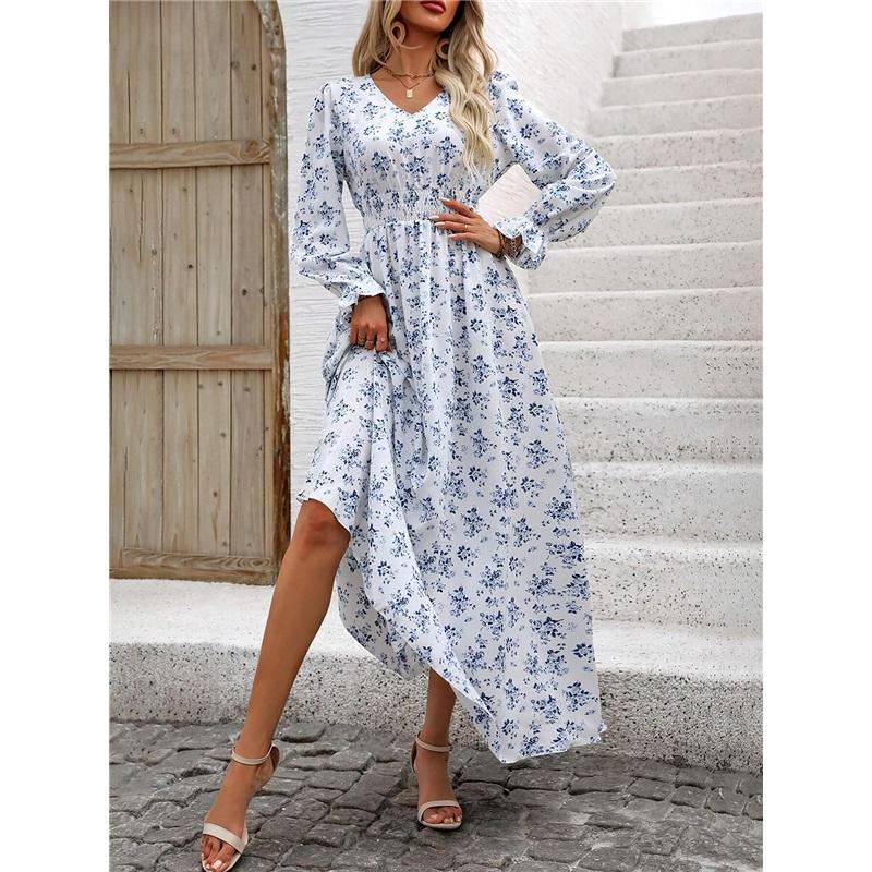 European And American Women's Summer Printed Long Skirt, V-neck, Long-sleeved, Big Swing Dress, Loose Temperament, Elegant Long Skirt