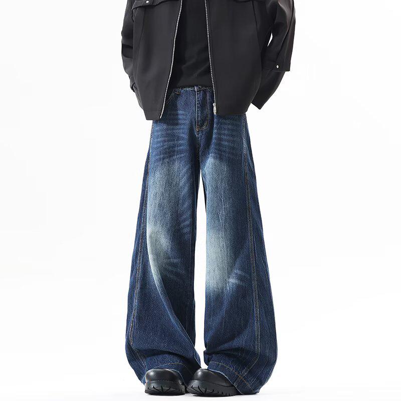 Retro Washed Wide-Leg Jeans: Unisex Dark Blue Whiskered Loose Fit