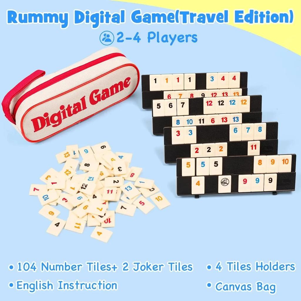 Cube Game Set With Portable Case, Rummy Tiles Travel Set For Family Classic Board Games-Rummy Cube Game With 4 Racks, 106 Rummy