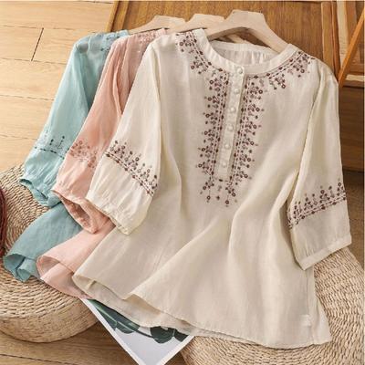 Retro Embroidered Mom Shirt Women's Summer Thin Loose Slimming Five-Quarter Sleeve Round Neck Top Design Sensation