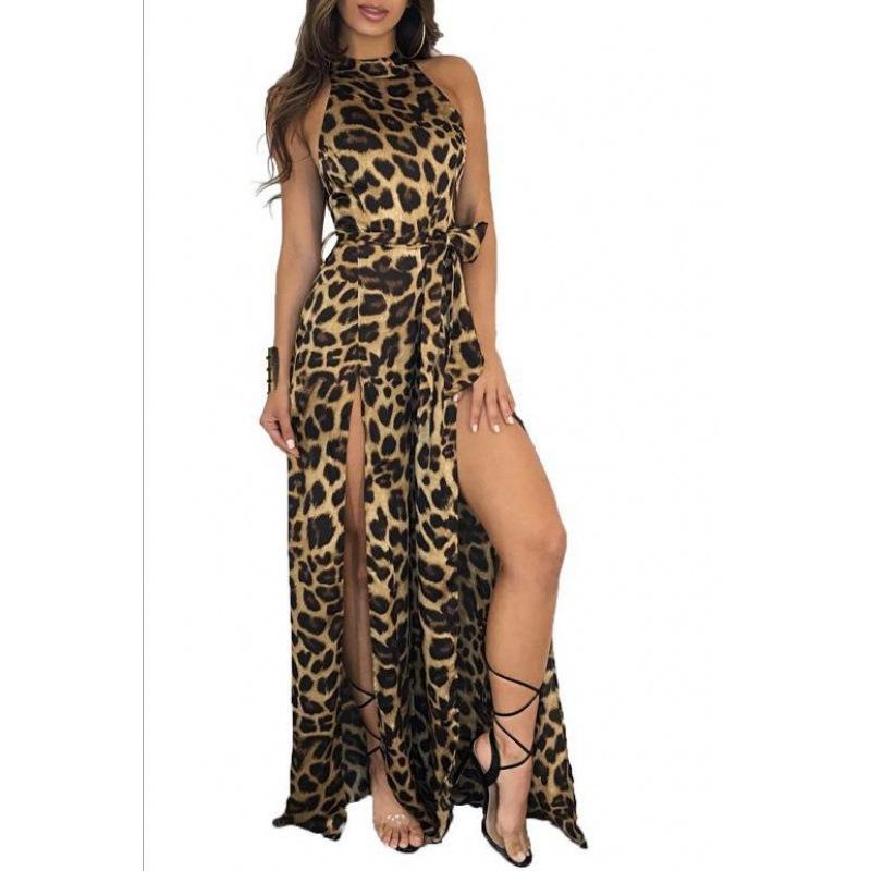 Women's Leopard Print Jumpsuit Sleeveless Tie Waist Wide Leg High Slit Outfit