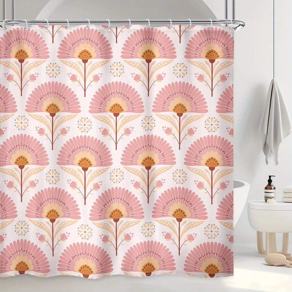 Pink Boho Flowers Shower Curtain - Vintage Floral Polyester, Waterproof Bathroom Decor with Hooks