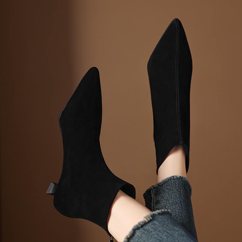 Krazing Pot Cow Suede Nubuck Winter Pointed Toe Preppy Style Stiletto Thin Med Heels Women Zip Women Ankle Boots