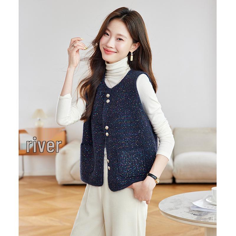 

2025 Autumn Women s Fashionable Round Neck Knitted Cardigan Vest - Versatile Petite Sweater Top Large