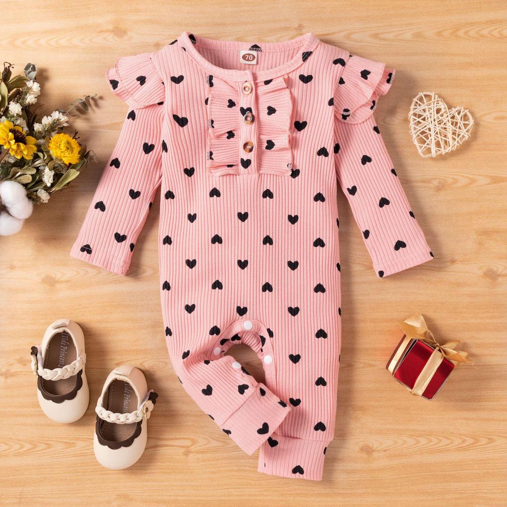 Girls' Cotton Ribbed Heart Print Bodysuit - Spring/Autumn Style