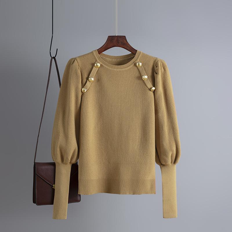 

Женский вязаный свитер с длинными рукавами и золотыми пуговицами с круглым вырезом, вязаный нижний пуловер, топ, черный, белый, хаки, королевский синий, один размер One Size хаки