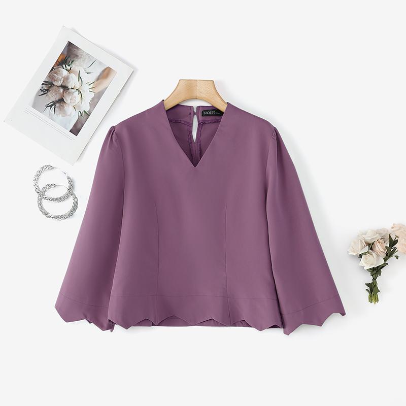 ZANZEA Damen V-Ausschnitt Locker Lässig 3/4 Ärmel Einfarbig Bluse