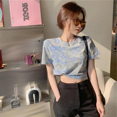 Women's 2024 Korean Tie-Dyed High-Waist Crop Top T-Shirt, Short-Sleeved & Loose Fit
