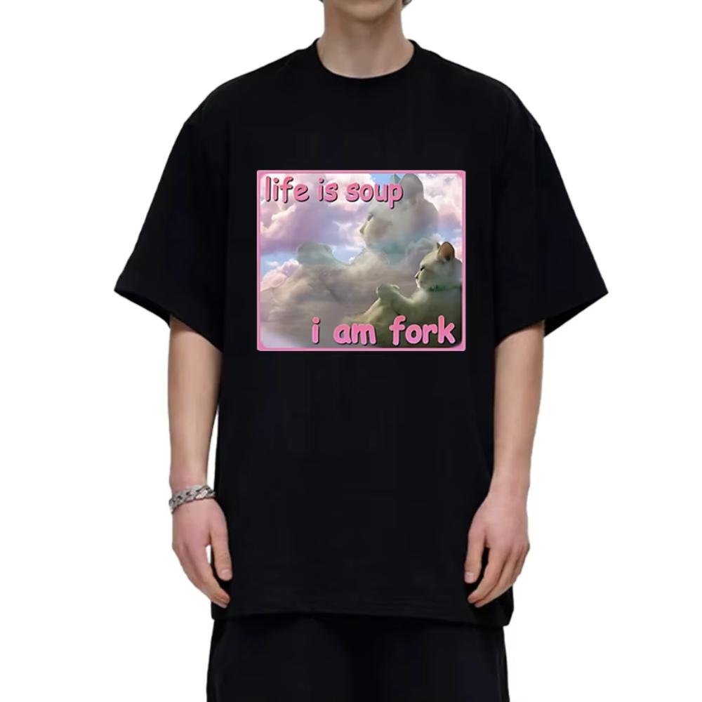 

2025 New in Life Is Soup I Am Fork T Shirt Unisex Funny Cat Graphic Short Sleeve T-shirts Men s Women Fashion Oversized Cloth... S разноцветный