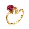 Anillo Abierto Flor Rosa Roja Hoja Flor de Pedrería para Mujer Anillo de Dedo Ajustable Joyería Regalo de San Valentín Compromiso
