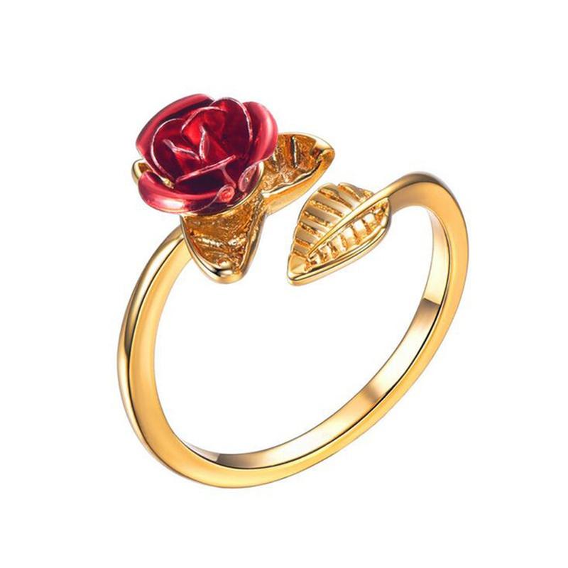 Anillo Abierto Flor Rosa Roja Hoja Flor de Pedrería para Mujer Anillo de Dedo Ajustable Joyería Regalo de San Valentín Compromiso
